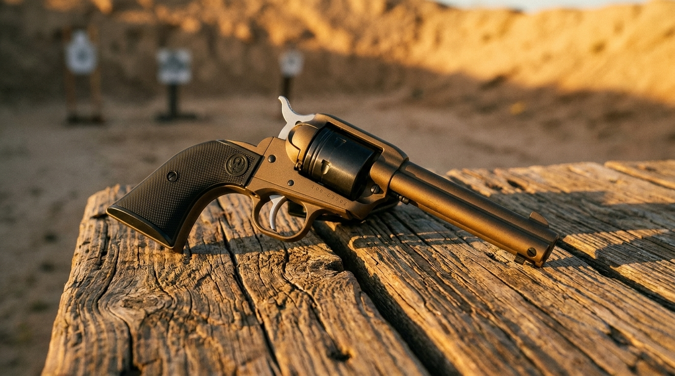 Ruger Wrangler .22 LR single-action revolver on a wooden range bench at golden hour