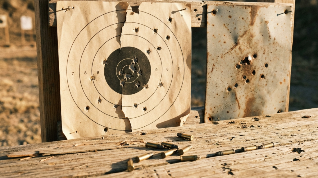 Ruger Wrangler Review (2026): 600-Round Test of the $200 Plinker 9 Paper bullseye target and steel plate shot with the Ruger Wrangler .22 with scattered brass