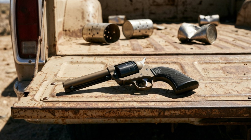 Ruger Wrangler Review (2026): 600-Round Test of the $200 Plinker 2 Ruger Wrangler .22 revolver on a pickup truck tailgate at a desert plinking spot