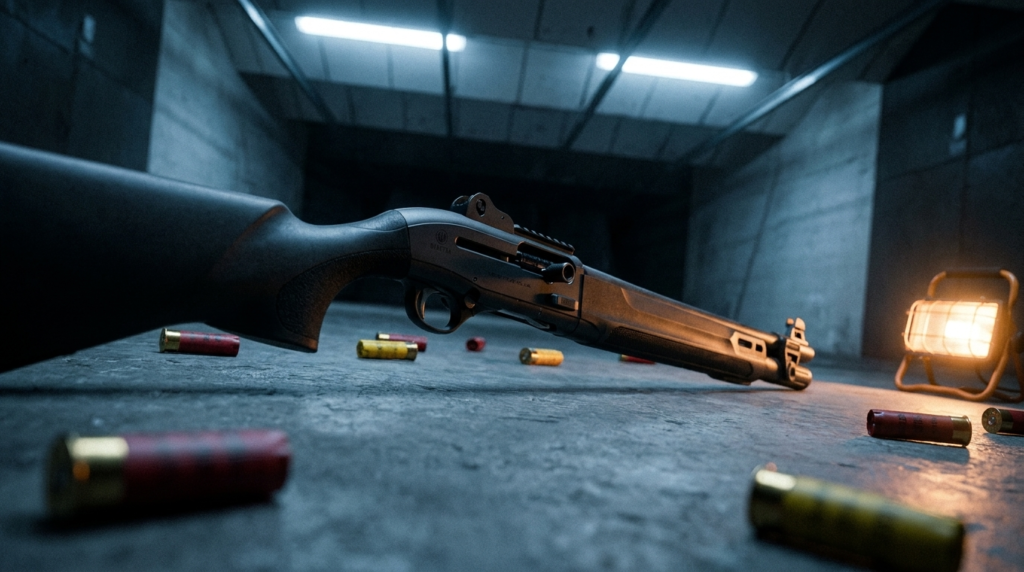 Beretta 1301 Tactical Review (2026): The Fastest Defensive Shotgun, Tested 4 Beretta 1301 Tactical on a tactical bay floor at night with scattered spent shotshell hulls