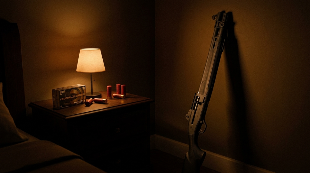 Beretta 1301 Tactical Review (2026): The Fastest Defensive Shotgun, Tested 2 Beretta 1301 Tactical leaning in a bedroom corner beside a nightstand with buckshot shells