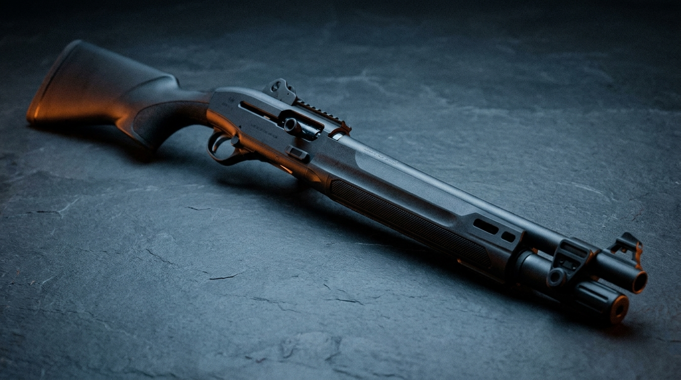 Black Beretta 1301 Tactical semi-auto 12-gauge defensive shotgun on dark slate in moody light