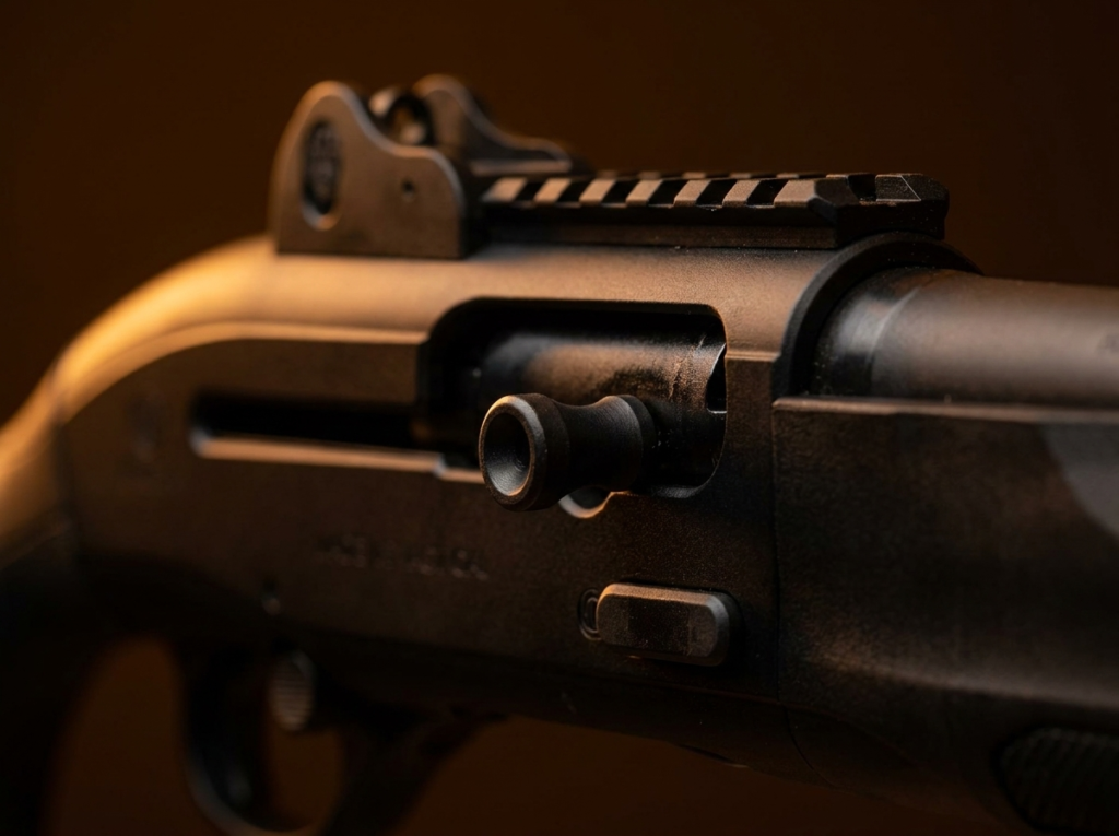 Beretta 1301 Tactical Review (2026): The Fastest Defensive Shotgun, Tested 5 Macro of the Beretta 1301 Tactical oversized bolt handle, ghost-ring sight and receiver