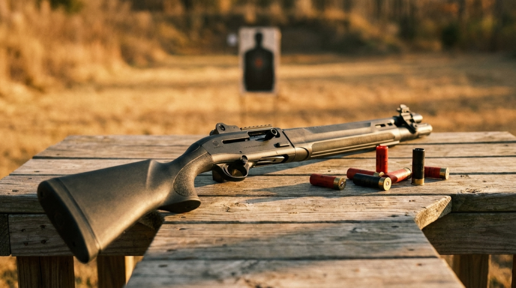 Beretta 1301 Tactical Review (2026): The Fastest Defensive Shotgun, Tested 3 Beretta 1301 Tactical on a wooden range bench with a silhouette target downrange and 12-gauge shells