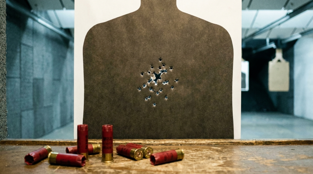 Beretta 1301 Tactical Review (2026): The Fastest Defensive Shotgun, Tested 6 Silhouette target with a dense buckshot pattern and spent shotshell hulls on a range bench