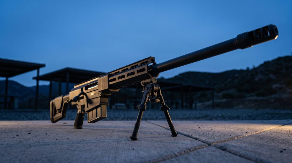 Bushmaster BA50 Review (2026): The Magazine-Fed .50 BMG Bolt Gun 6 Low-angle view of the Bushmaster BA50 .50 BMG rifle at blue hour