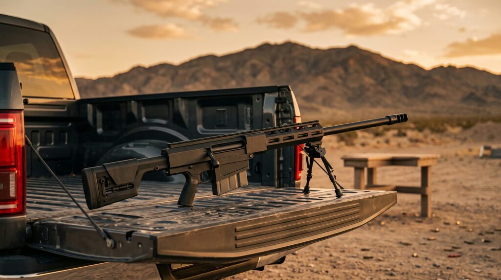 Bushmaster BA50 Review (2026): The Magazine-Fed .50 BMG Bolt Gun 2 Bushmaster BA50 .50 BMG rifle on a pickup tailgate at a desert range
