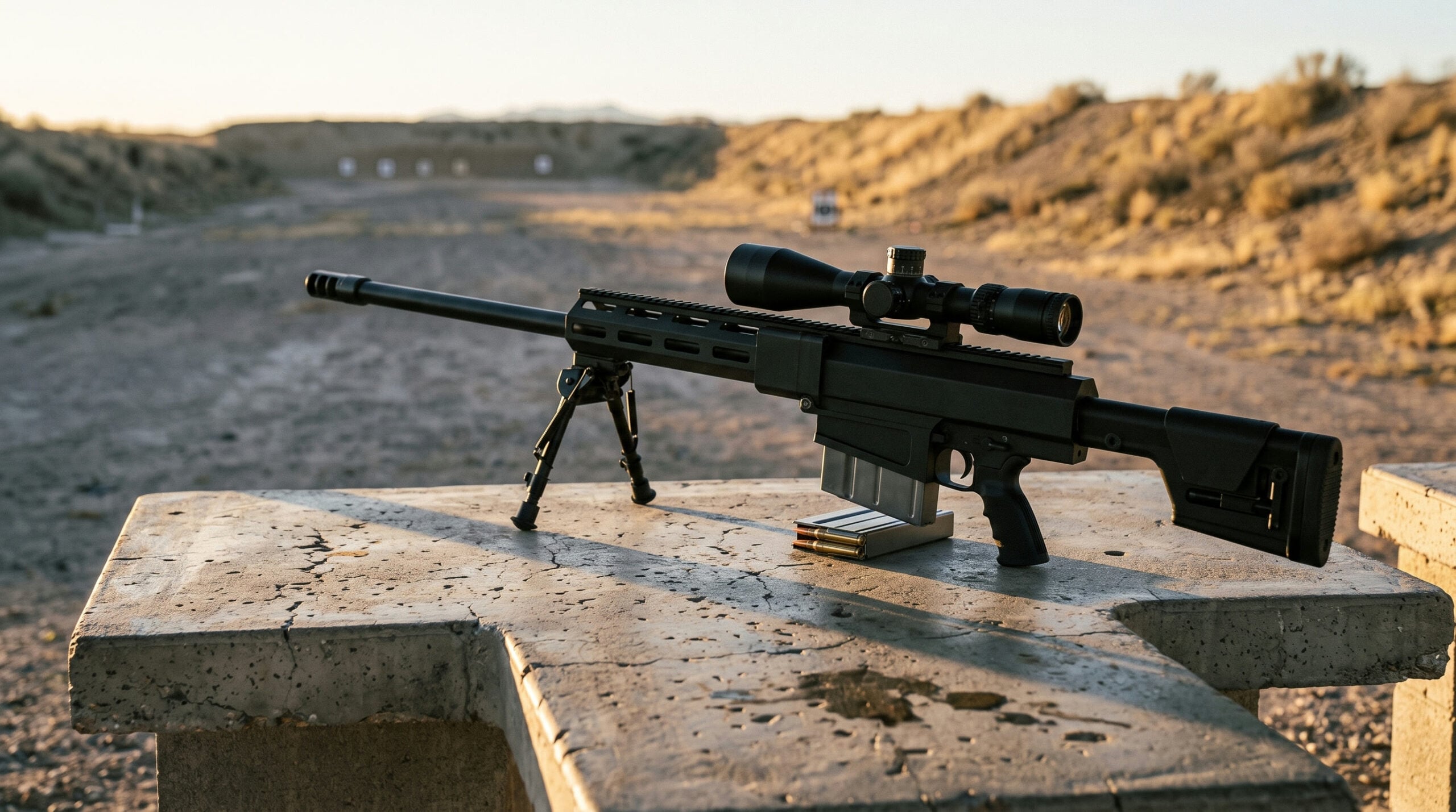 Bushmaster BA50 Review (2026): The Magazine-Fed .50 BMG Bolt Gun 1 Bushmaster BA50 .50 BMG rifle on a concrete range bench at golden hour
