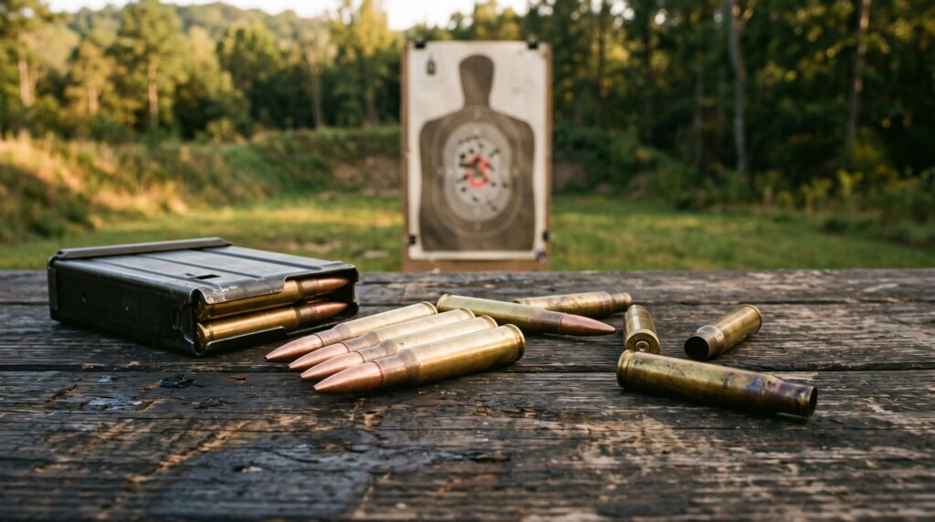 Bushmaster BA50 Review (2026): The Magazine-Fed .50 BMG Bolt Gun 5 .50 BMG cartridges, brass, and magazine on a bench beside a target group