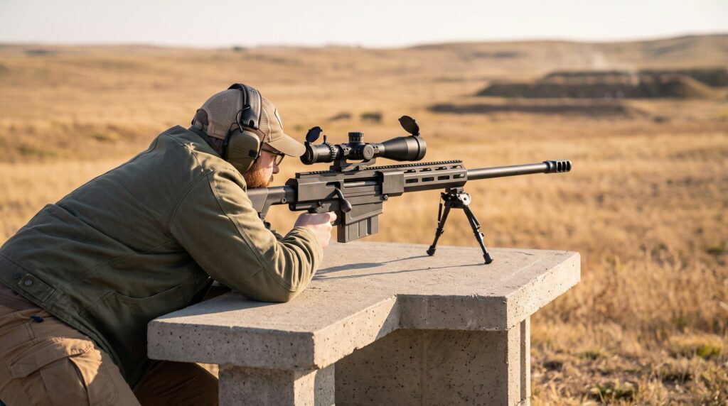 Bushmaster BA50 Review (2026): The Magazine-Fed .50 BMG Bolt Gun 4 Shooter firing the Bushmaster BA50 .50 BMG prone at a long-range facility