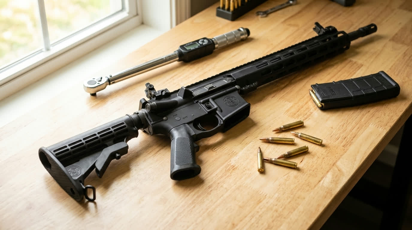 Smith & Wesson M&P15 Sport III, our top budget AR-15 under $1,000, on a gunsmith workbench