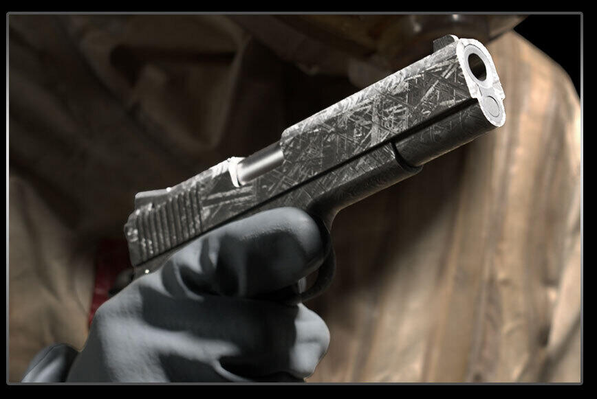 Bligh Guns Forges a 1911 From 4-Billion-Year-Old Meteorite Iron 6 Muzzle-forward view of the Bligh Guns Meteorite 1911, its slide forged from four-billion-year-old meteorite iron