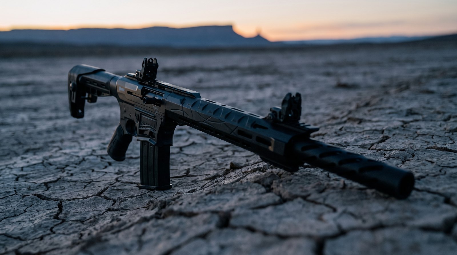 Citadel Boss-25 12-gauge shotgun on desert hardpan at blue hour