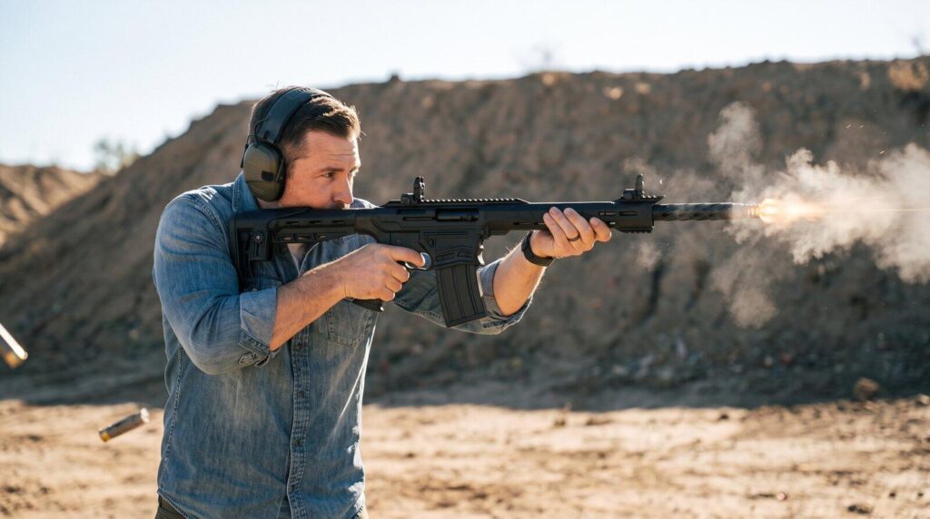 Citadel Boss 25 Review (2026): The Cheapest AR-12 That Actually Runs 4 Firing the Citadel Boss 25 magazine-fed 12-gauge on the range during our 250-round test, muzzle flash and a hull in the air