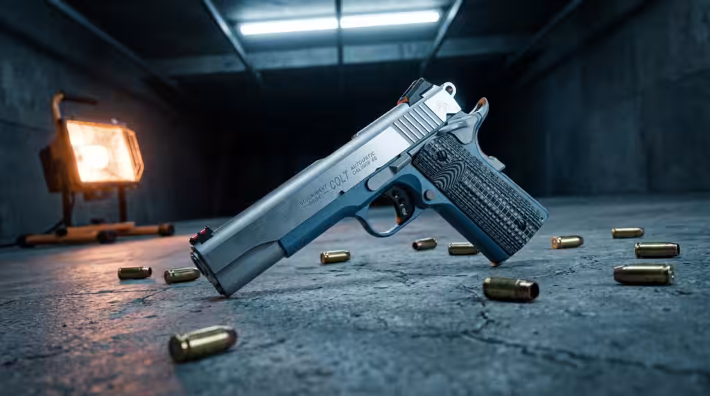 Colt 1911 Government Review (2026): The Original, Tested 4 Colt Government 1911 on a tactical bay floor at night with scattered .45 brass