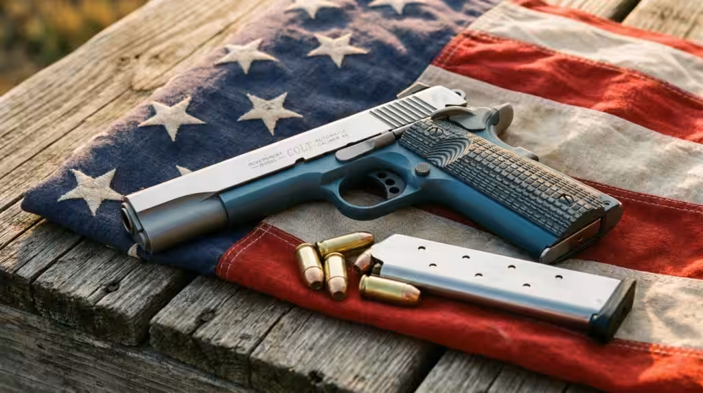 Colt 1911 Government Review (2026): The Original, Tested 2 Colt Government 1911 on a weathered American flag with .45 ACP cartridges and a magazine