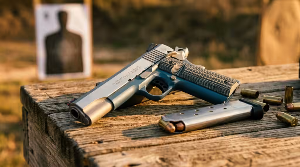 Colt 1911 Government Review (2026): The Original, Tested 3 Colt Government 1911 on a wooden shooting bench with a silhouette target downrange and .45 brass