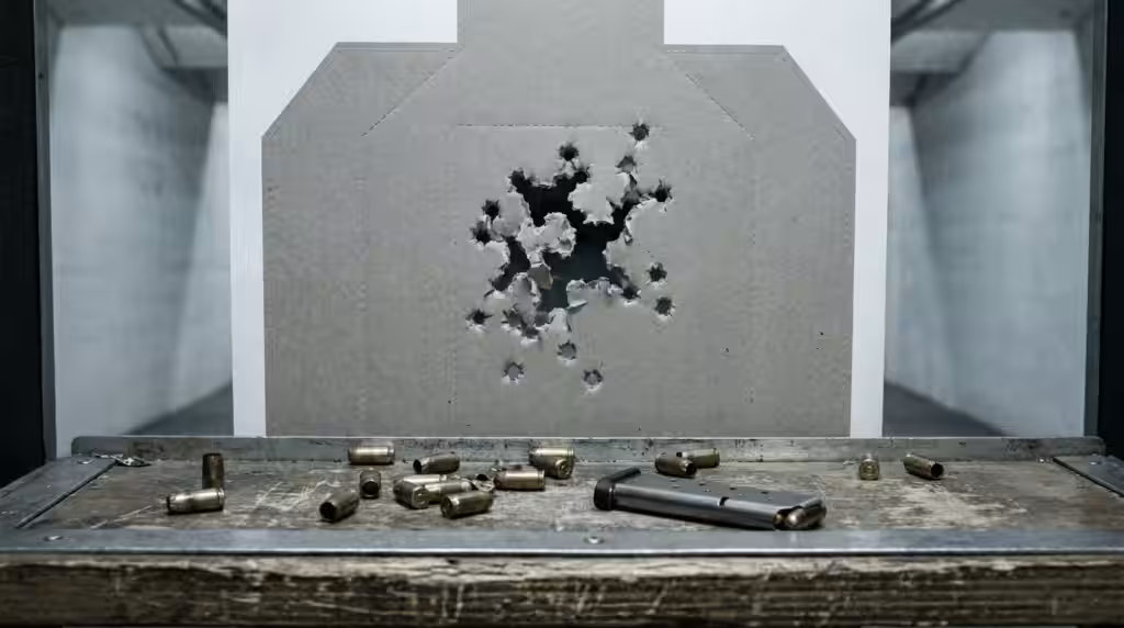 Colt 1911 Government Review (2026): The Original, Tested 6 Silhouette target with a tight .45 cluster, brass and a single-stack magazine on an indoor range bench