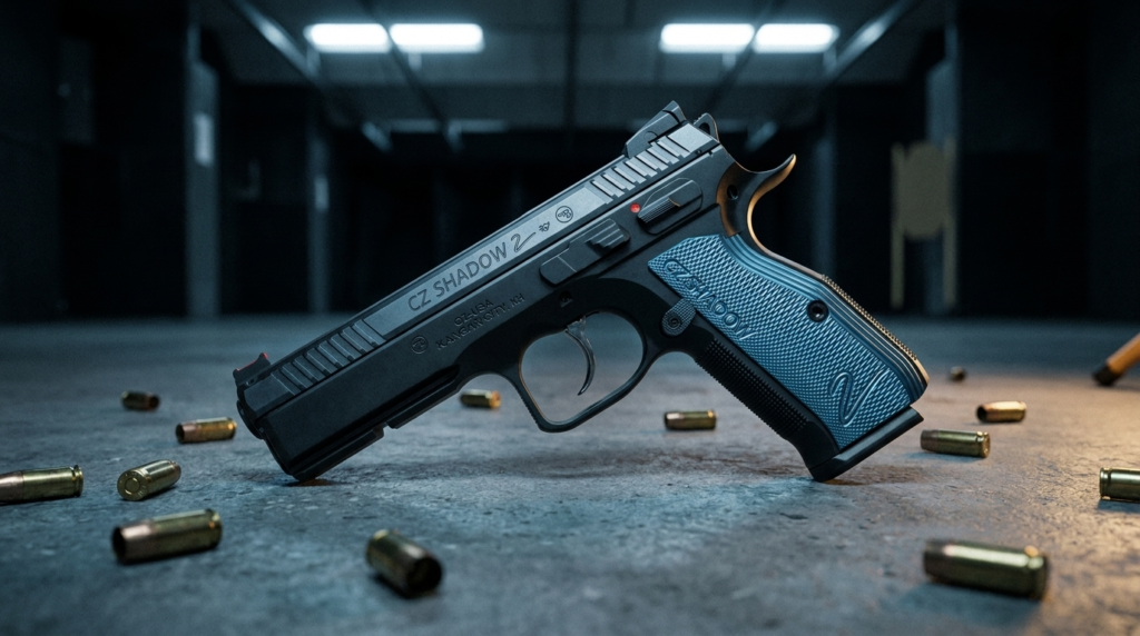 CZ Shadow 2 Review (2026): The Best-Shooting 9mm You Can Buy, Tested 6 Low dramatic angle of the CZ Shadow 2 on the concrete floor of an indoor range bay at night