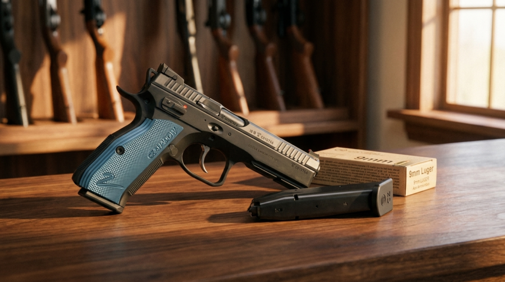 CZ Shadow 2 Review (2026): The Best-Shooting 9mm You Can Buy, Tested 2 CZ Shadow 2 9mm pistol with blue grips on a walnut gun-shop counter beside a magazine and a box of 9mm
