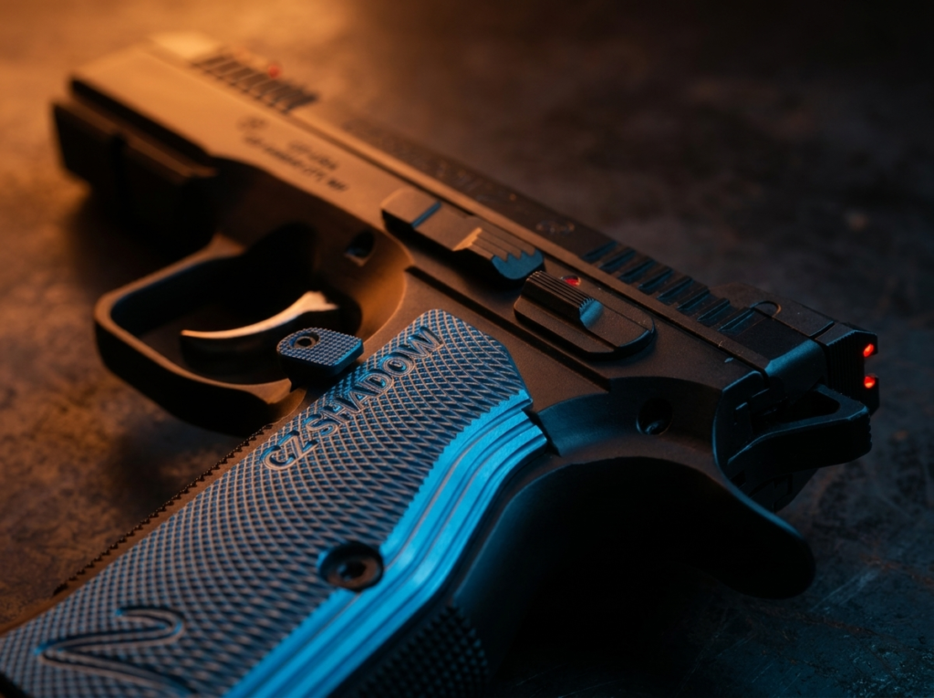 CZ Shadow 2 Review (2026): The Best-Shooting 9mm You Can Buy, Tested 7 Macro close-up of the CZ Shadow 2 blue aluminum grip and fiber-optic front sight