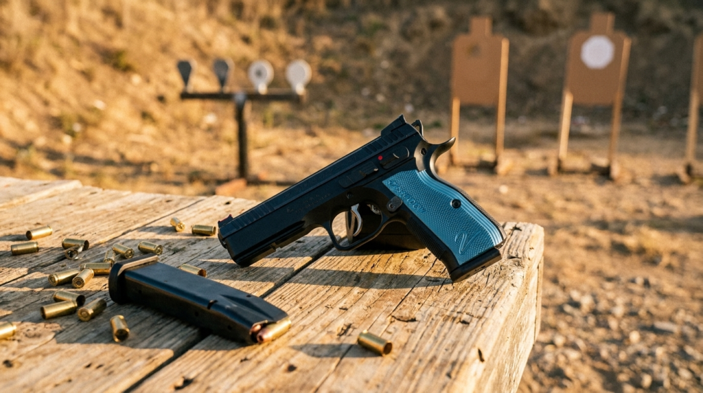 CZ Shadow 2 Review (2026): The Best-Shooting 9mm You Can Buy, Tested 5 CZ Shadow 2 on a competition shooting bench at an outdoor USPSA range at golden hour