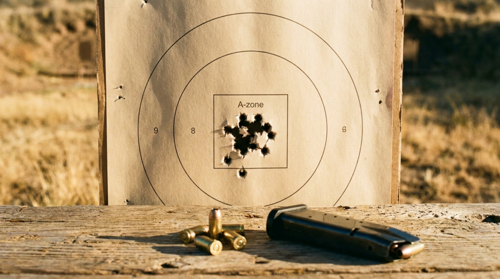 CZ Shadow 2 Review (2026): The Best-Shooting 9mm You Can Buy, Tested 8 Paper competition target with a tight cluster of 9mm holes, spent brass and a magazine on a bench