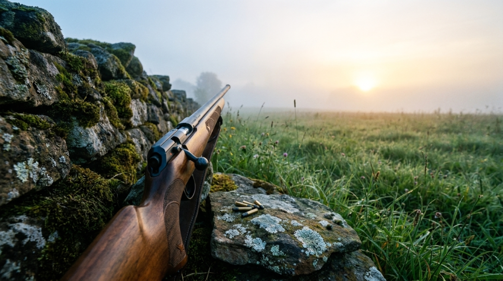 CZ 457 Review (2026): The Best-Value Precision Rimfire, Tested 4 CZ 457 American walnut rifle leaning on a stone wall at a misty meadow at dawn