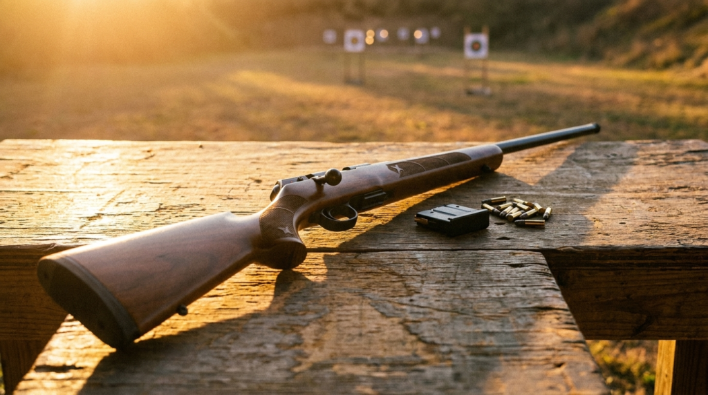 CZ 457 Review (2026): The Best-Value Precision Rimfire, Tested 3 CZ 457 American on a wooden range bench with targets downrange and .22 cartridges