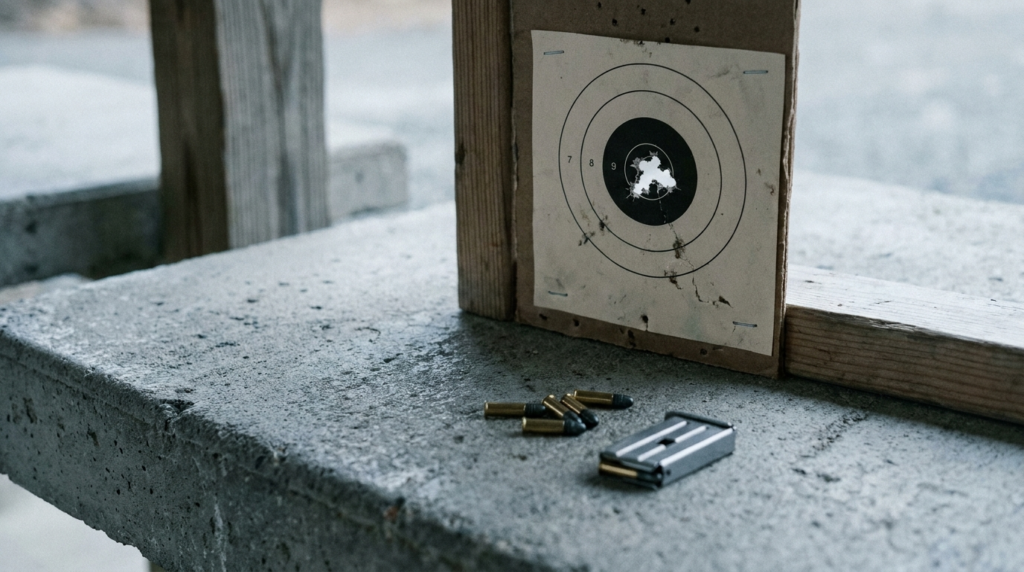 CZ 457 Review (2026): The Best-Value Precision Rimfire, Tested 6 Rimfire benchrest target with a single ragged one-hole .22 cluster and a magazine on the bench
