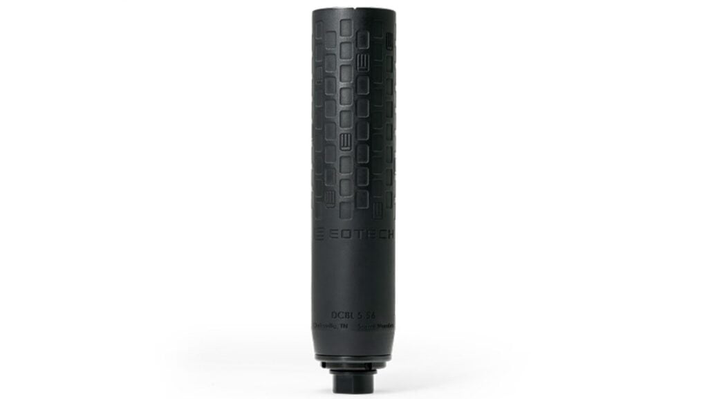 EOTech Jumps Into Suppressors With Its Titanium DCBL Line 2 EOTech DCBL 5.56 titanium suppressor with the geometric Breathable Technology venting and black Cerakote finish