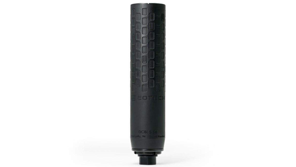 EOTech Jumps Into Suppressors With Its Titanium DCBL Line 1 EOTech DCBL 5.56 titanium suppressor with the geometric Breathable Technology venting and black Cerakote finish
