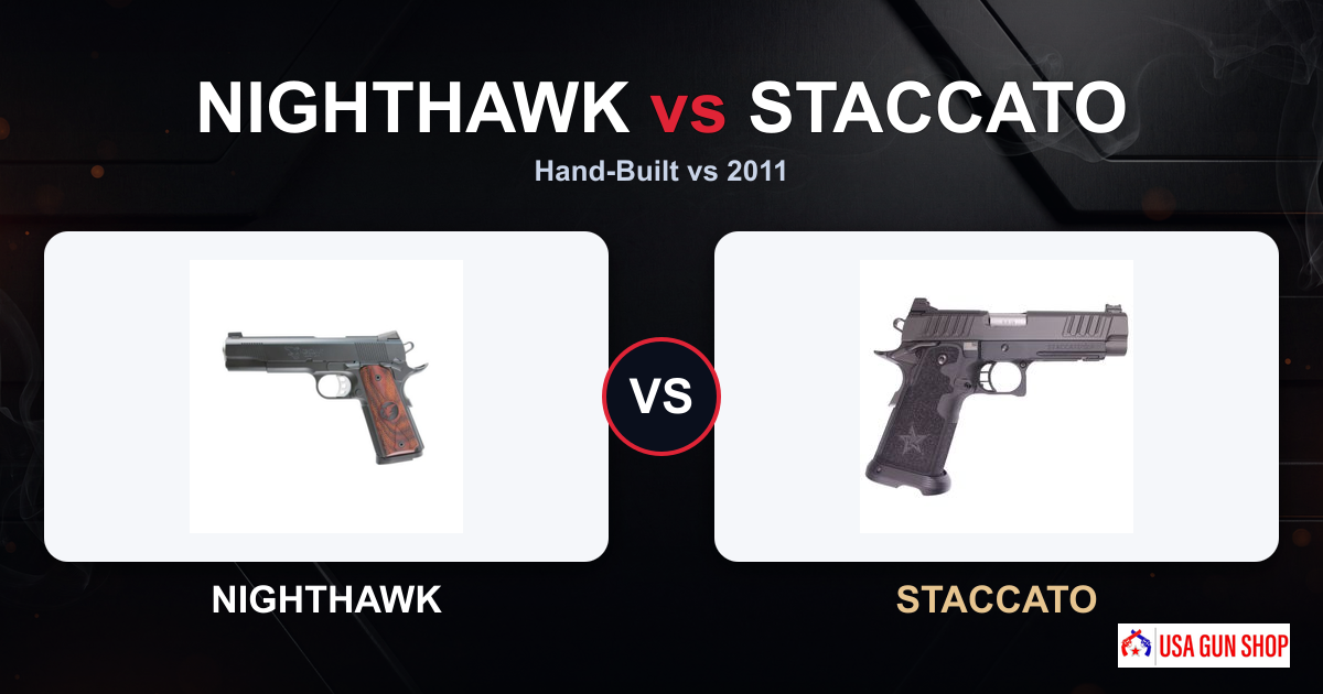 Nighthawk Custom vs Staccato: Hand-Built 1911 vs Modern 2011 (2026) 1 Nighthawk Custom 1911 and Staccato 2011 pistols side by side comparison