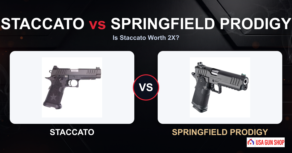 Staccato vs Springfield Prodigy: Is Staccato Worth Double? (2026) 1 Staccato 2011 and Springfield Prodigy pistols side by side comparison