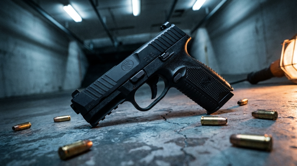 FN 509 Review (2026): The Army-Grade 9mm Bargain, Tested 6 Low dramatic angle of the FN 509 on the concrete floor of an indoor range bay at night