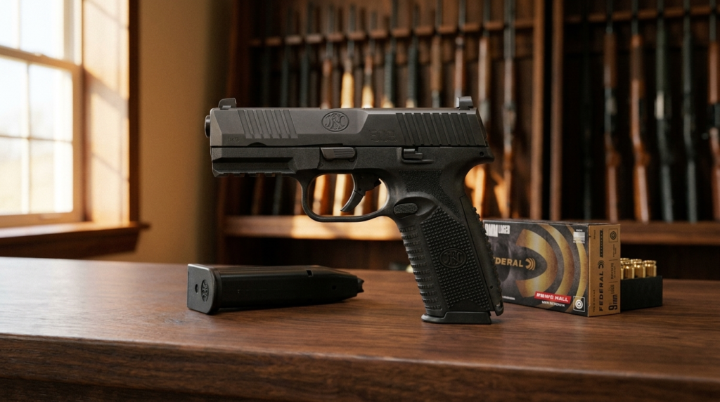 FN 509 Review (2026): The Army-Grade 9mm Bargain, Tested 2 FN 509 9mm pistol on a walnut gun-shop counter beside a magazine and a box of 9mm
