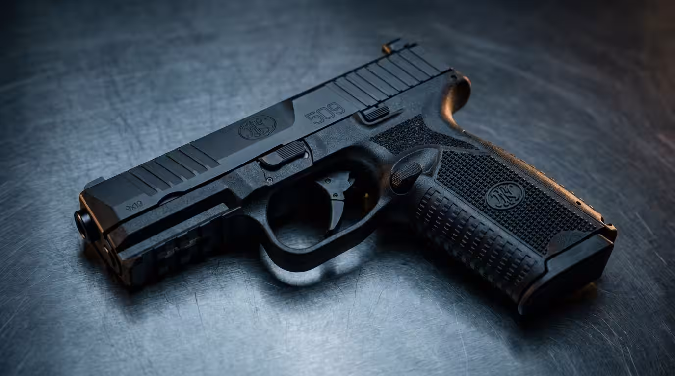 FN 509 Review (2026): The Army-Grade 9mm Bargain, Tested 1 Black FN 509 full-size striker-fired 9mm pistol on a dark brushed-steel surface in moody studio light