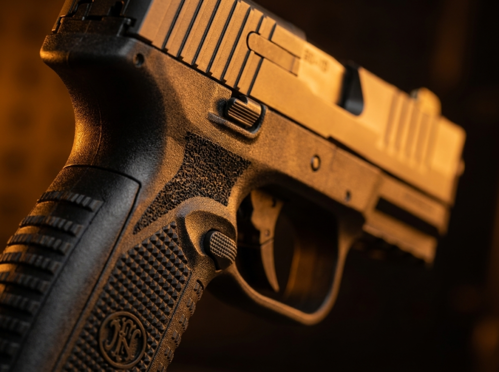 FN 509 Review (2026): The Army-Grade 9mm Bargain, Tested 7 Macro close-up of the FN 509 grip texture, ambidextrous slide stop and 509 slide markings