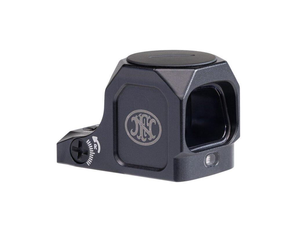 FN PUREVIEW: The First Holographic Micro Red Dot for Pistols 2 FN PUREVIEW holographic micro red dot optic mounted on an FN pistol slide, showing the enclosed flat-glass housing