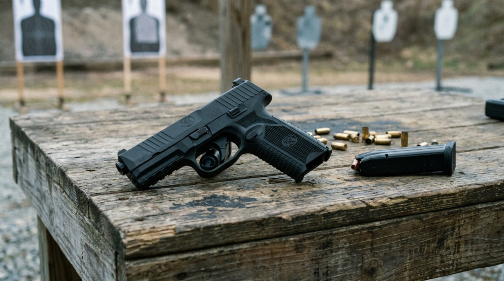 FN 509 Review (2026): The Army-Grade 9mm Bargain, Tested 5 FN 509 9mm pistol resting on a wooden shooting bench at an outdoor range