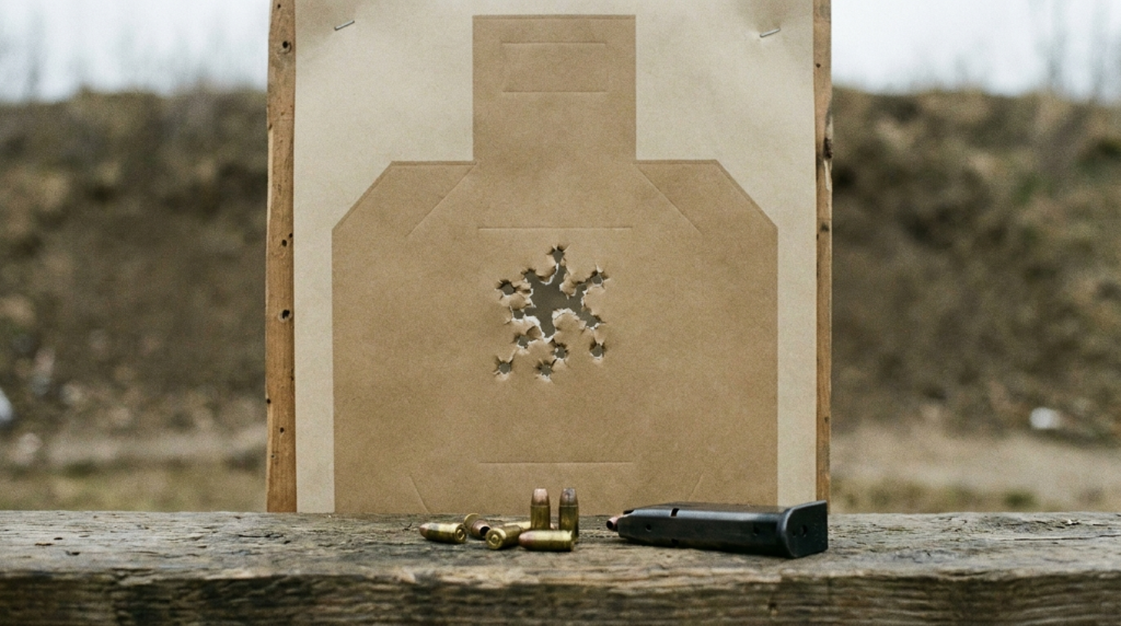 FN 509 Review (2026): The Army-Grade 9mm Bargain, Tested 8 Paper silhouette target with a tight cluster of 9mm holes, spent brass and a magazine on a bench