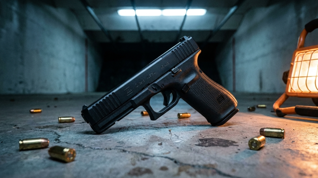 Glock 21 Review (2026): The 13-Round .45 Workhorse, Tested 7 Low dramatic angle of the Glock 21 Gen5 MOS on the concrete floor of an indoor range bay