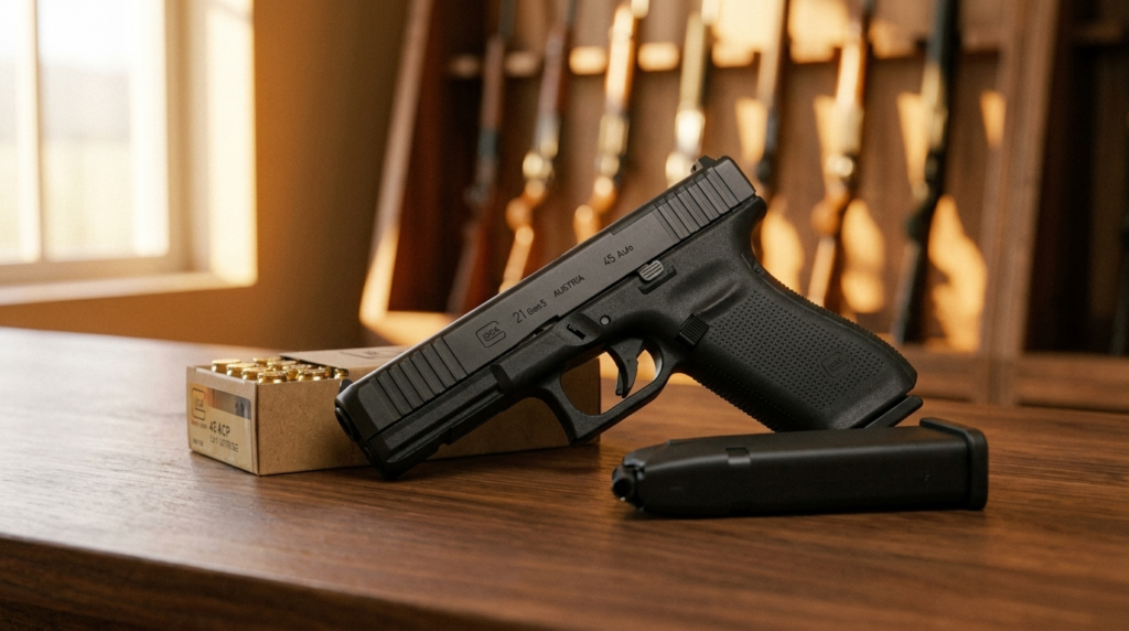 Glock 21 Review (2026): The 13-Round .45 Workhorse, Tested 2 Glock 21 Gen5 MOS on a walnut gun-shop counter beside a 13-round magazine and a box of .45 ACP