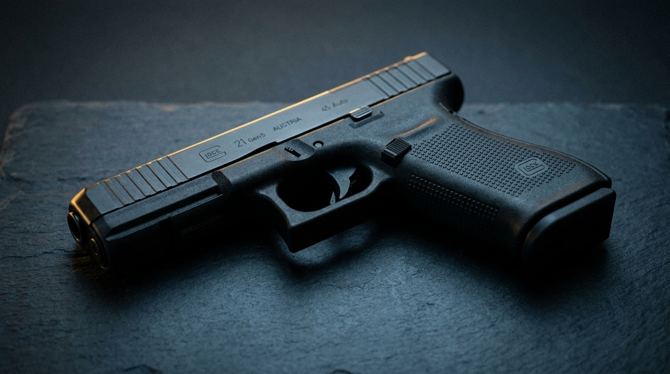 Glock 21 Review (2026): The 13-Round .45 Workhorse, Tested 1 Black Glock 21 Gen5 MOS .45 ACP pistol on a dark slate surface in moody studio light