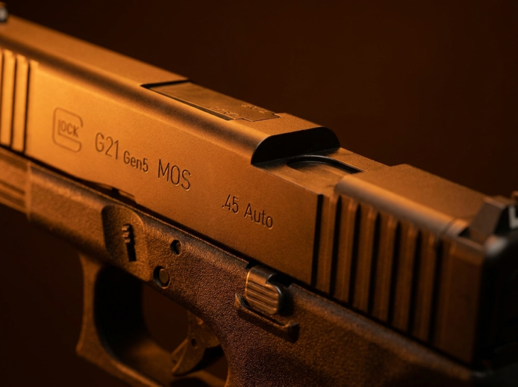 Glock 21 Review (2026): The 13-Round .45 Workhorse, Tested 8 Macro close-up of the MOS optic cut and G21 Gen5 MOS slide engraving