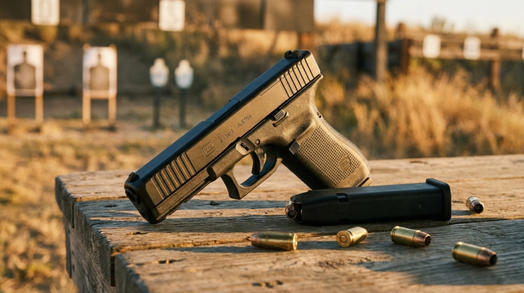 Glock 21 Review (2026): The 13-Round .45 Workhorse, Tested 6 Glock 21 Gen5 MOS on a wooden shooting bench at an outdoor range at golden hour