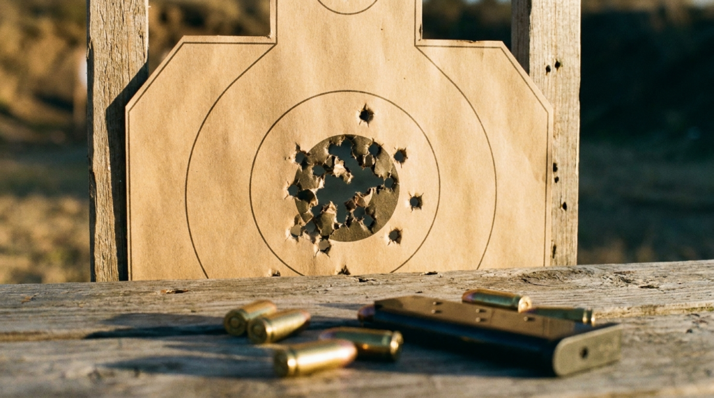 Glock 21 Review (2026): The 13-Round .45 Workhorse, Tested 9 Paper silhouette target with a tight cluster of .45 caliber holes, spent brass and a magazine on a bench