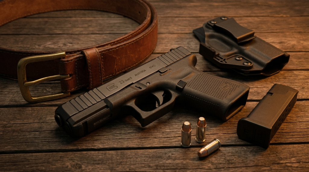 Glock 23 Review (2026): The Compact .40 That Armed America's Cops 2 Glock 23 Gen 5 on a leather belt and kydex IWB holster with a spare .40 magazine and cartridges