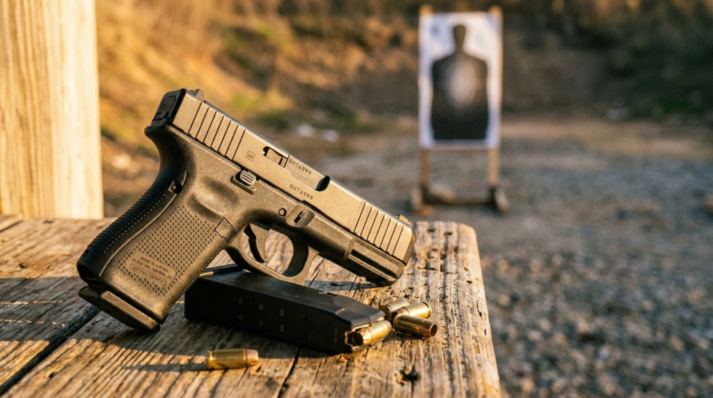 Glock 23 Review (2026): The Compact .40 That Armed America's Cops 3 Glock 23 on a wooden shooting bench with a silhouette target downrange and .40 brass