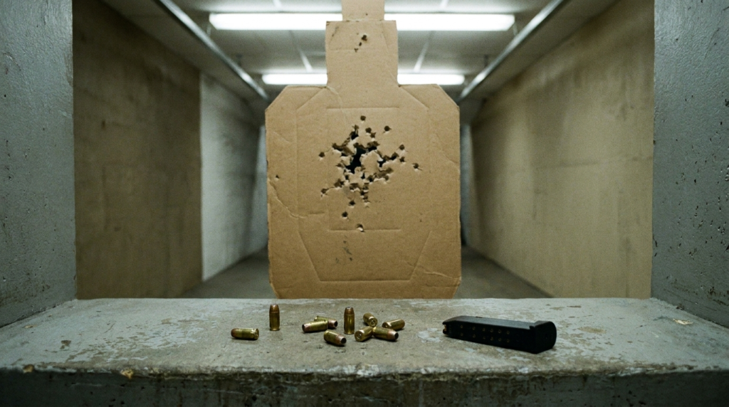 Glock 23 Review (2026): The Compact .40 That Armed America's Cops 6 Silhouette target with a tight .40 cluster, brass and a Glock magazine on an indoor range bench
